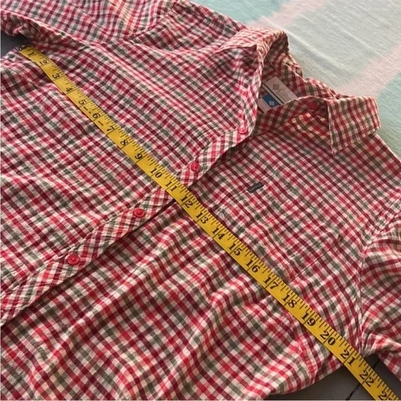 Columbia Plaid Button Down Shirt Crinkle Cotton 3/4 Sleeve L - Picture 9 of 10